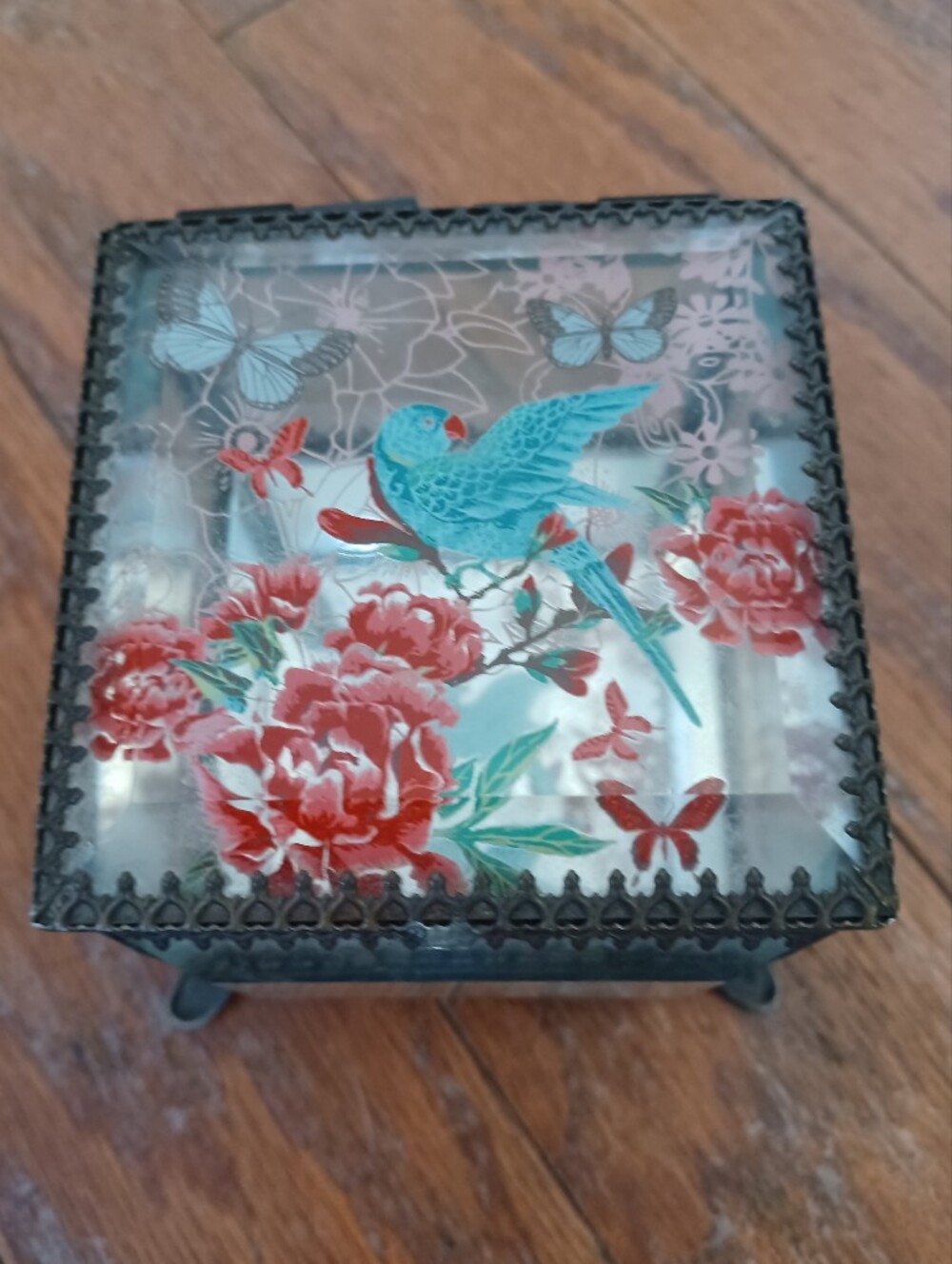 Nicole Miller Home Floral Glass Mirrored Trinket Box Blue Bird Butterfly Beveled